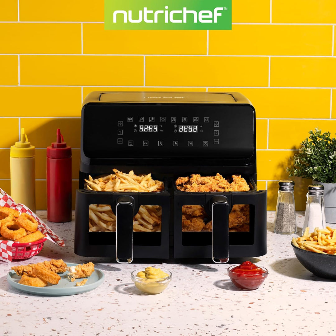 NutriChef Heissluftfritteuse Airfryer XL – 8L Doppel-Fritteuse mit 2 Körben & 9 Programmen Spülmasch
