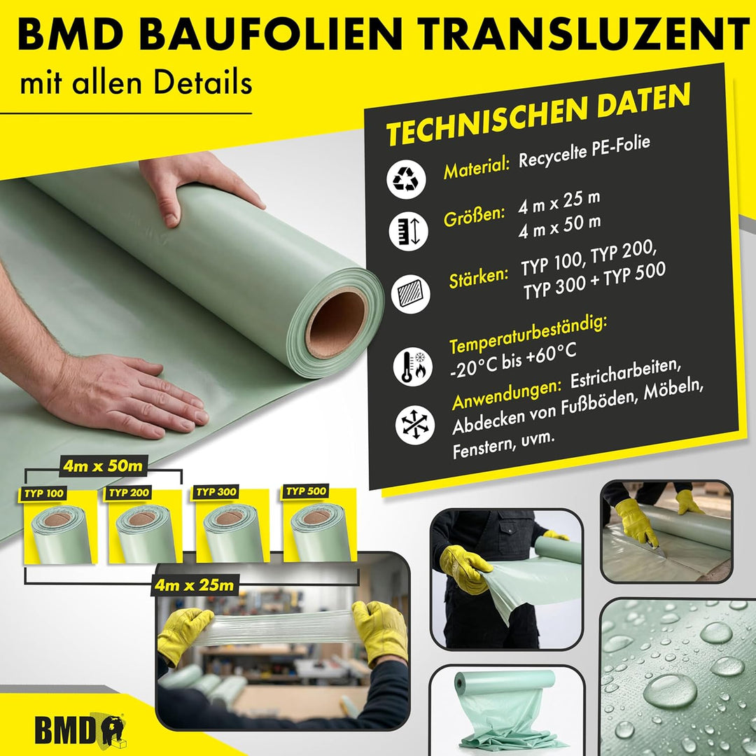 BMD Baufolie Typ 200 transluzent 4mx25m (100m²) Schutzfolie Bauplane Abdeckfolie Estrichfolie …… TYP