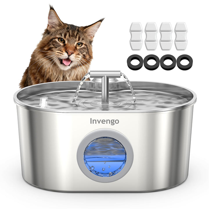 Katzenbrunnen Edelstahl, Trinkbrunnen für Katze mit 2 Trinkstellen, LED-Anzeige, Wasserstandsanzeige