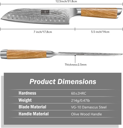 HOSHANHO Santoku Messer Damastmesser, 18cm Scharfe Kochmesser, 67 Schichten Damaststahl Küchenmesser