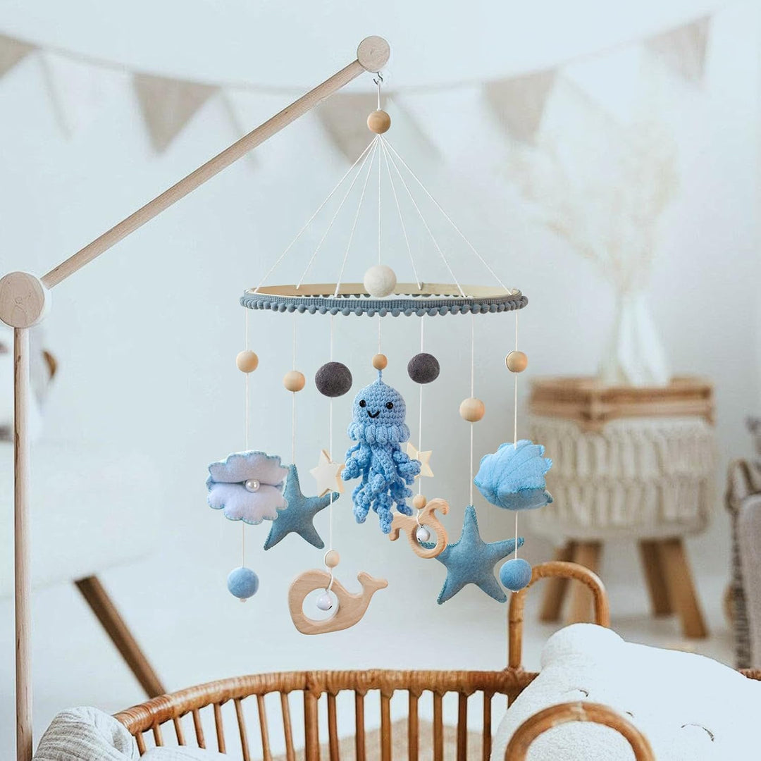 Oktopus Baby Mobile Babybett Hölz Windspiel, Oktopus Anhänger zum Häkeln, Meerestiere Bettglocke Bab
