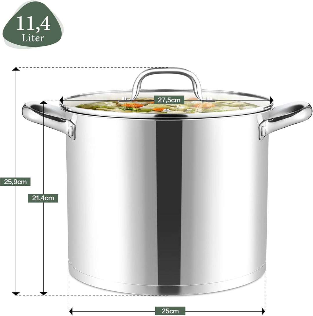 Joyfair Kochtopf, 11,4 Liter Edelstahl Gross Topf Induktion mit Glasdeckel, 3 Lagen Stabiler Boden S