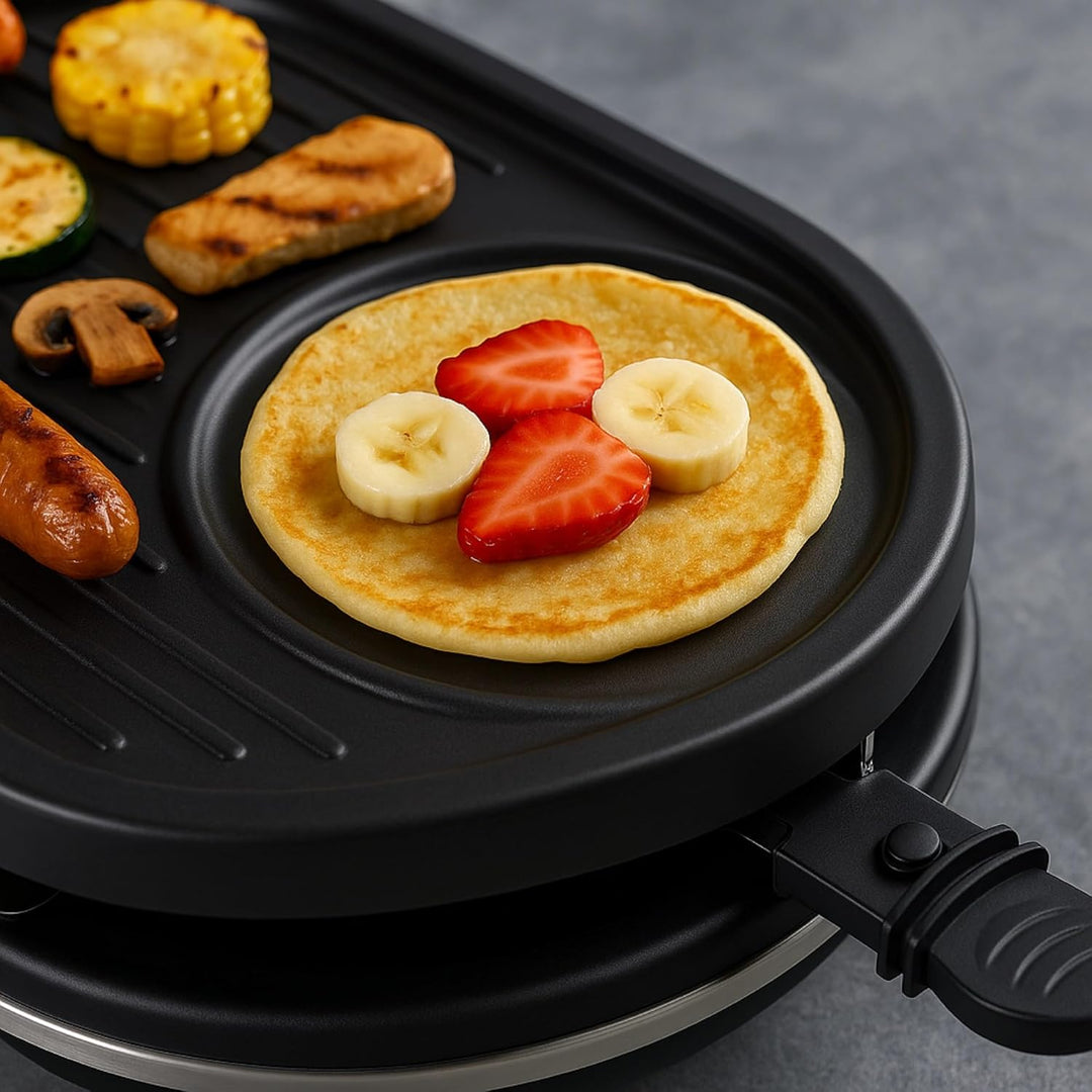 8 Personen Set Raclette Grill oval - Mit Grillplatte & Crepes Funktion - Tischgrill inkl. Pfännchen