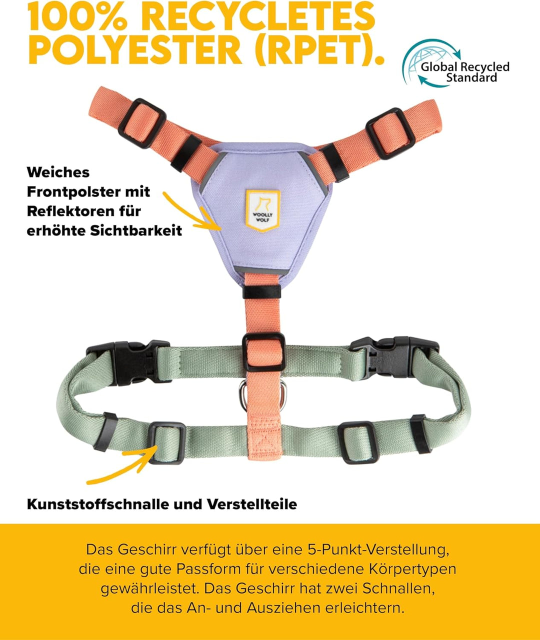 Woolly Wolf Color Block Hundegeschirr für kleine Hunde S – Geschirr mit Reflektoren &amp; 5-Punkt-Anpass