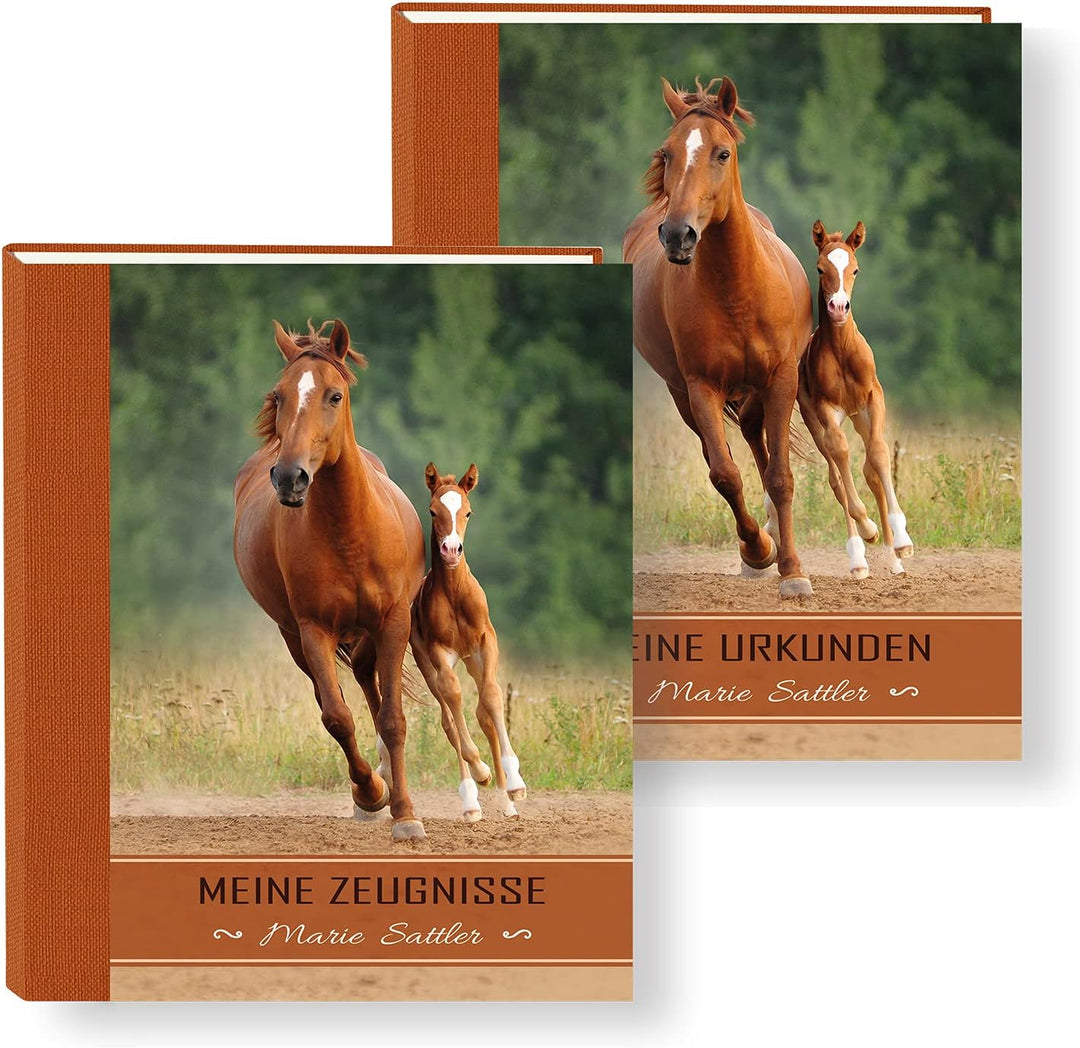 Zeugnismappe personalisiert Little Horse A4 ca. 31x24 cm, orange, Zeugnisbuch Pferde, Urkundenmappe