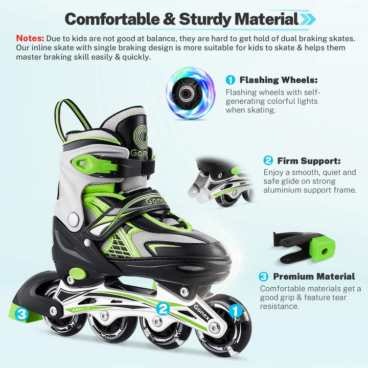 Gonex Inliner für Kinder, Inline Skates für Mädchen Jungen mit Leuchtende Räder Einstellbarer Grün S