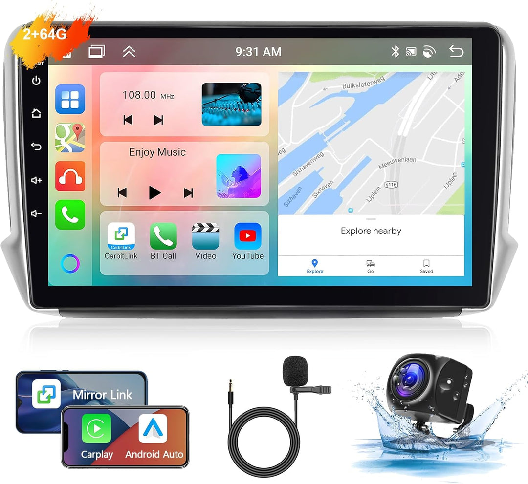 Podofo Autoradio für Peugeot 208/2008 2012-2018 mit Wireless Carplay Android Auto, 10.1 Zoll IPS Tou
