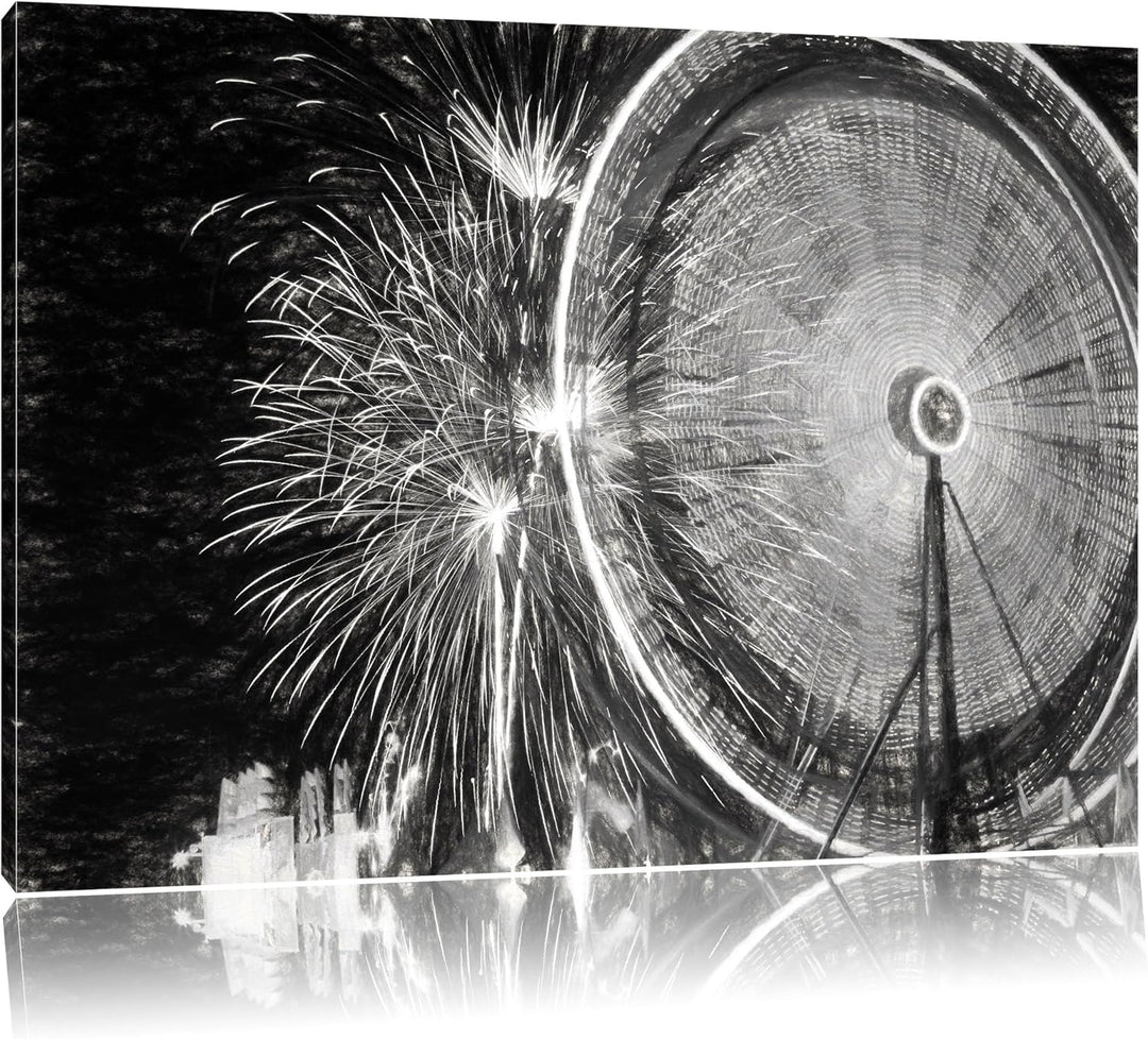 Pixxprint Jahrmarkt mit Feuerwerk / 100x70cm Leinwandbild bespannt auf Holzrahmen/Wandbild Kunstdruc