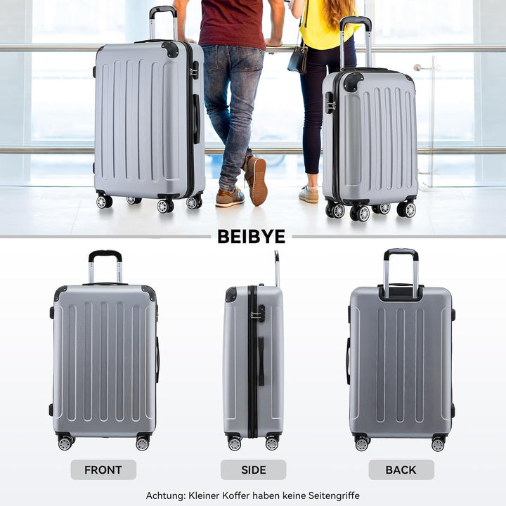 BEIBYE Hartschalen-Koffer Trolley Rollkoffer Reisekoffer Handgepäck 4 Rollen (M-L-XL-Set) (Silber, X