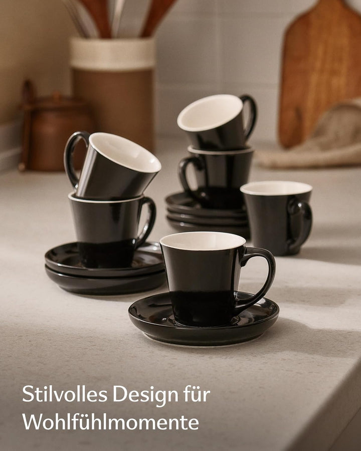 Cosumy Espressotassen Set 6er Schwarz mit Untertassen - Keramik - Hält Lange Warm - Mokkatassen Stap