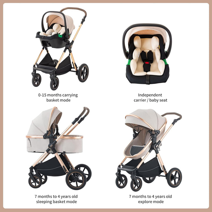 Shineey kinderwagen 3 in 1 Buggy Babybett Komplett Set Einem Klick Zusammenklappbarer Kinderwagen, 3