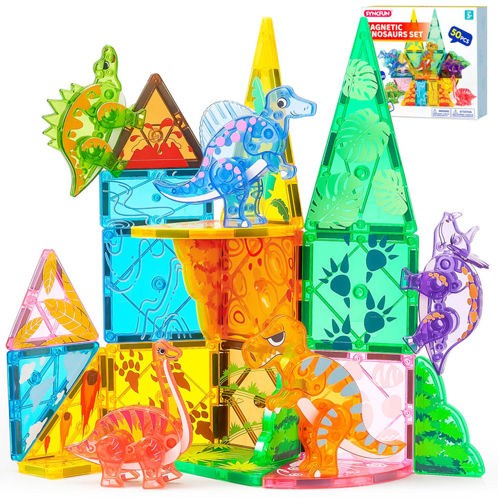 SYNCFUN Magnetische Bausteine,50 Teile Dinosaurier Magnetische Blöcke Bauspielzeug,STEM Magnet Spiel