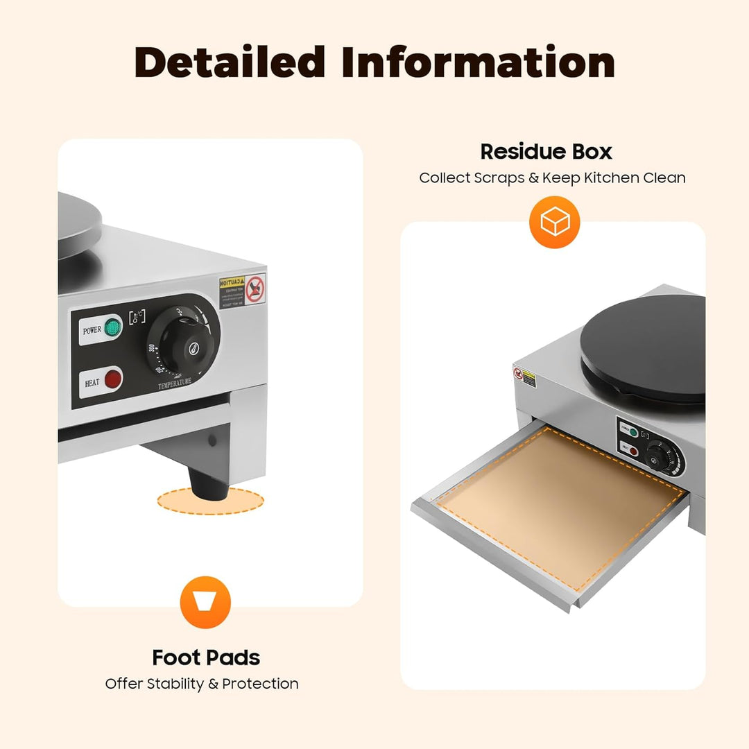 3000W Elektrischer Crêpe Maker, Profi Crêpes Pfannenmaschine aus Edelstahl &amp; Gusseisen, Antihaftplat