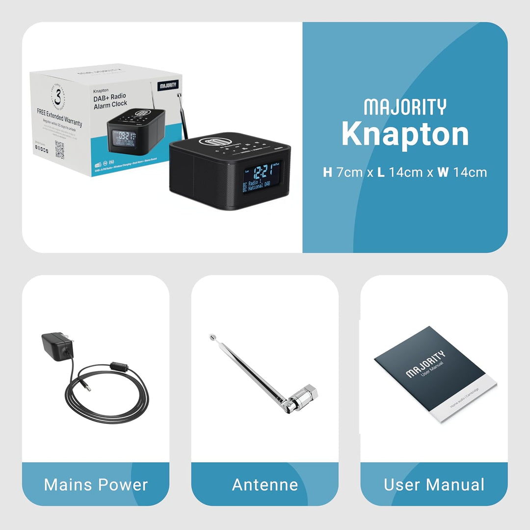 MAJORITY Knapton | Nachttischradio mit Bluetooth | 15W kabelloses Laden & USB-Laden | DAB+ und FM |