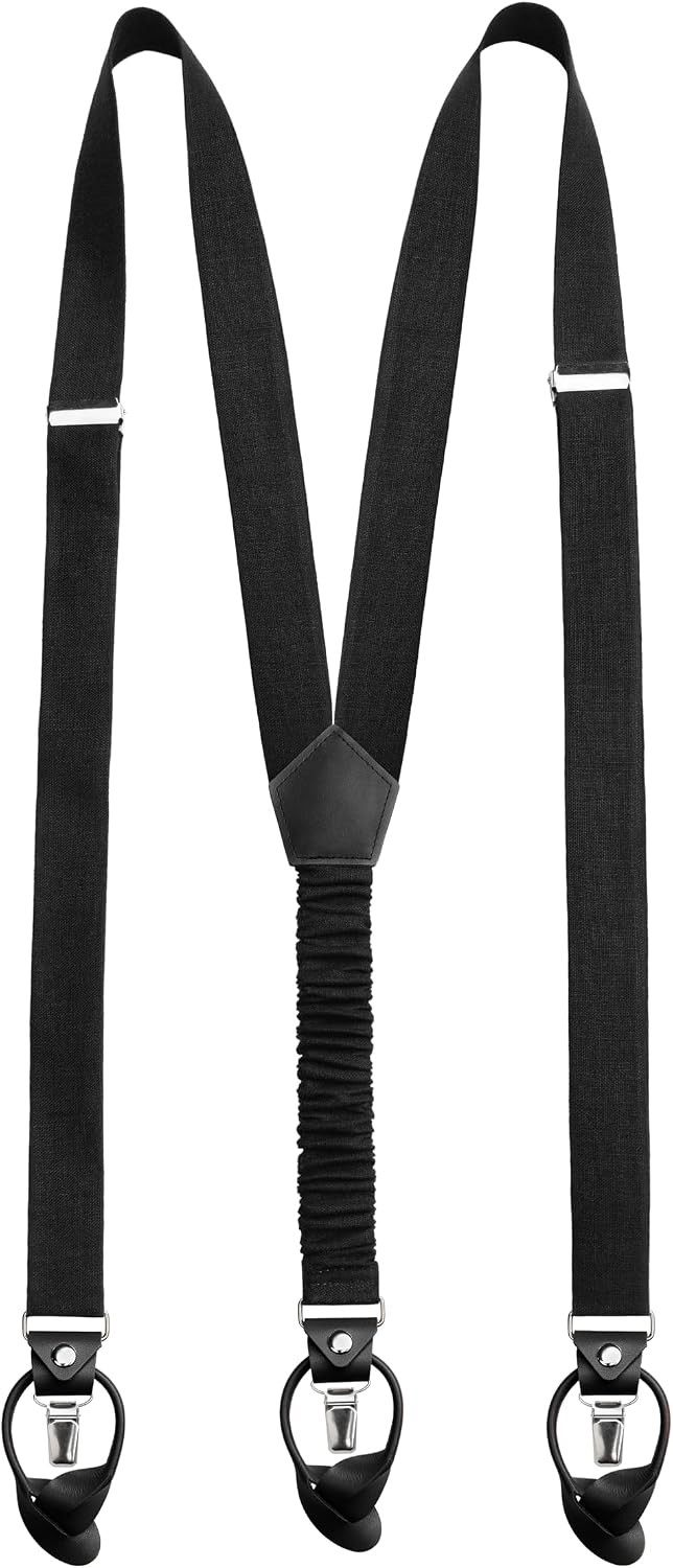 Leinen Accessoires SET: Fliege und Hosenträger Hosenträger mit Leder für Herren. Fliege Bereits gebu