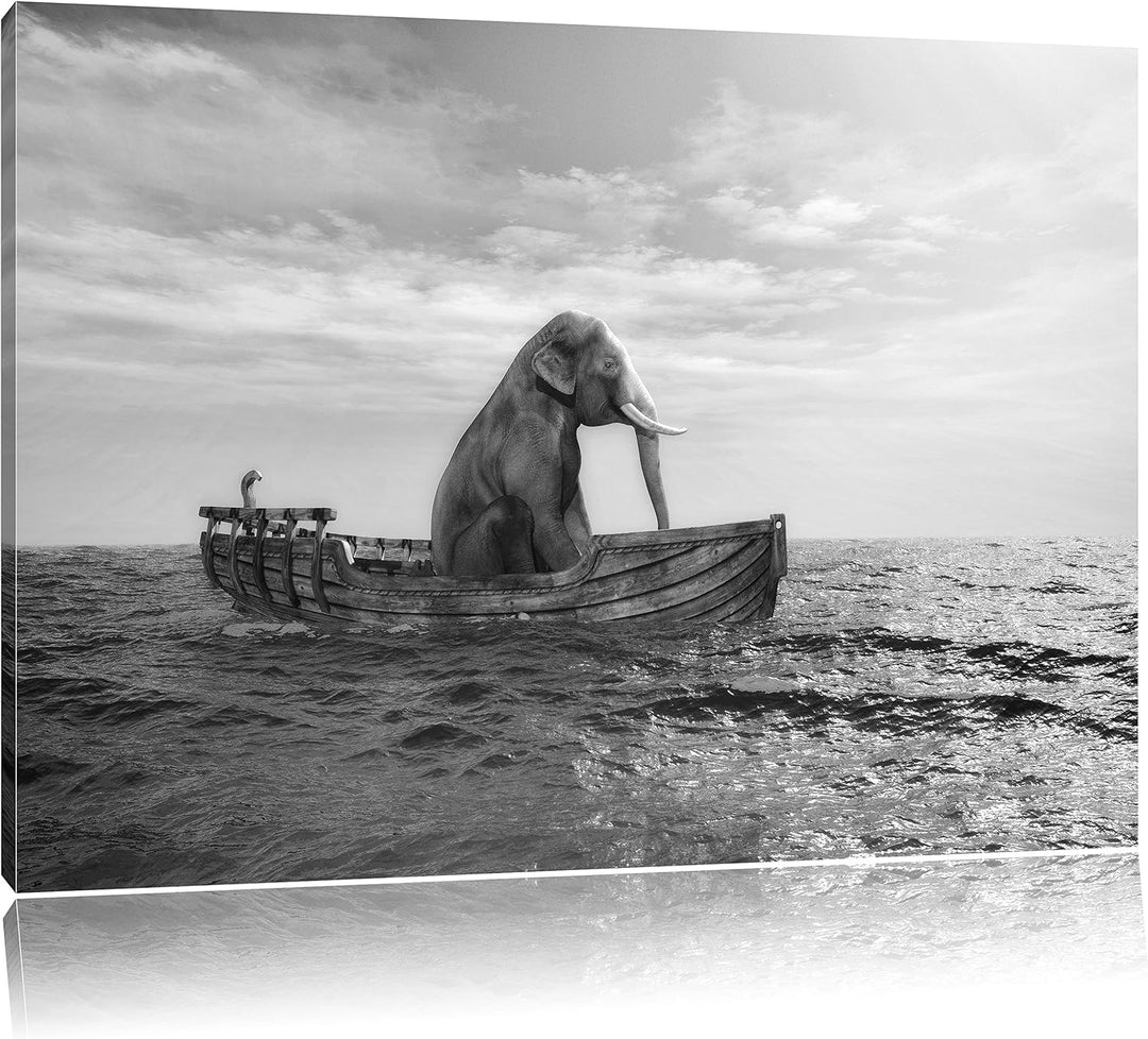 Pixxprint lustig sitzender Elefant im Boot Kunst B&W, Format: 100x70 auf Leinwand, 100x70