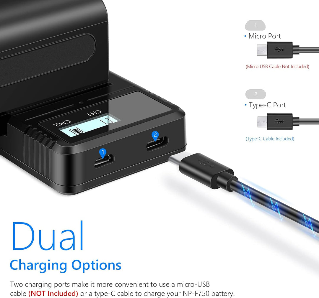 NEEWER Ladegerät Dual USB mit NP-F750 2Stk 5600mAh Ersatzakkus, Schnellladegerät kompatibel mit Sony