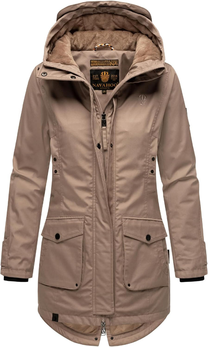 Navahoo Damen Übergangsjacke Warmer Kurzmantel Regenjacke mit Kapuze Brinjaa XS-XXL S Taupe Grey, S