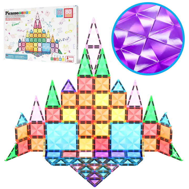 PicassoTiles 80 Stück Mini-Fliesen in Reisegrösse, magnetische Fliesen, Bausteine, Bausteine, MINT-L