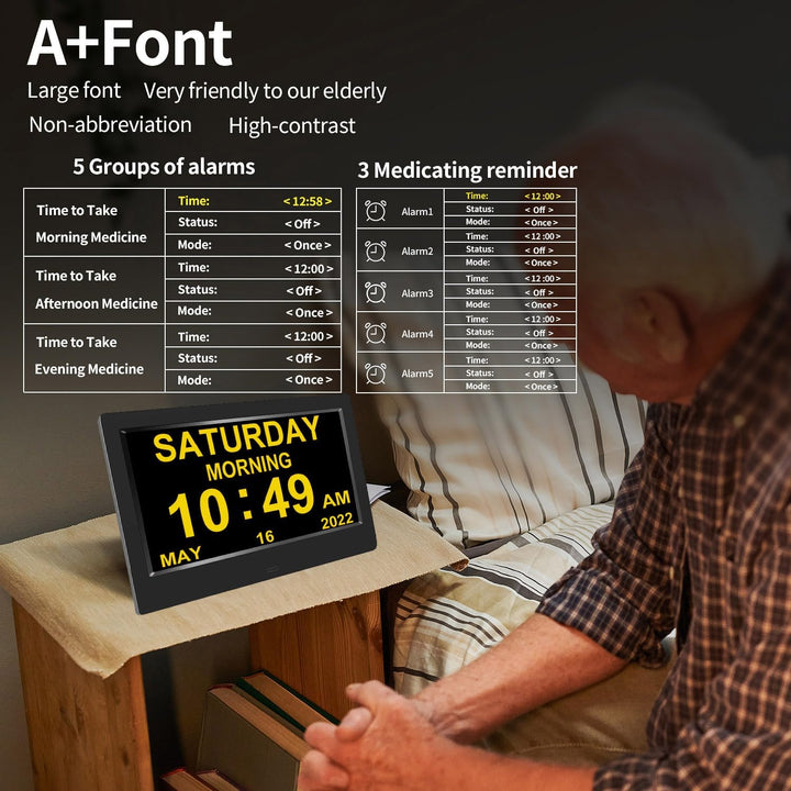 AINFTIME Uhr mit Tag und Datum für ältere Menschen, 3 Farben, digitaler Kalender, Wecker, Demenz, Al
