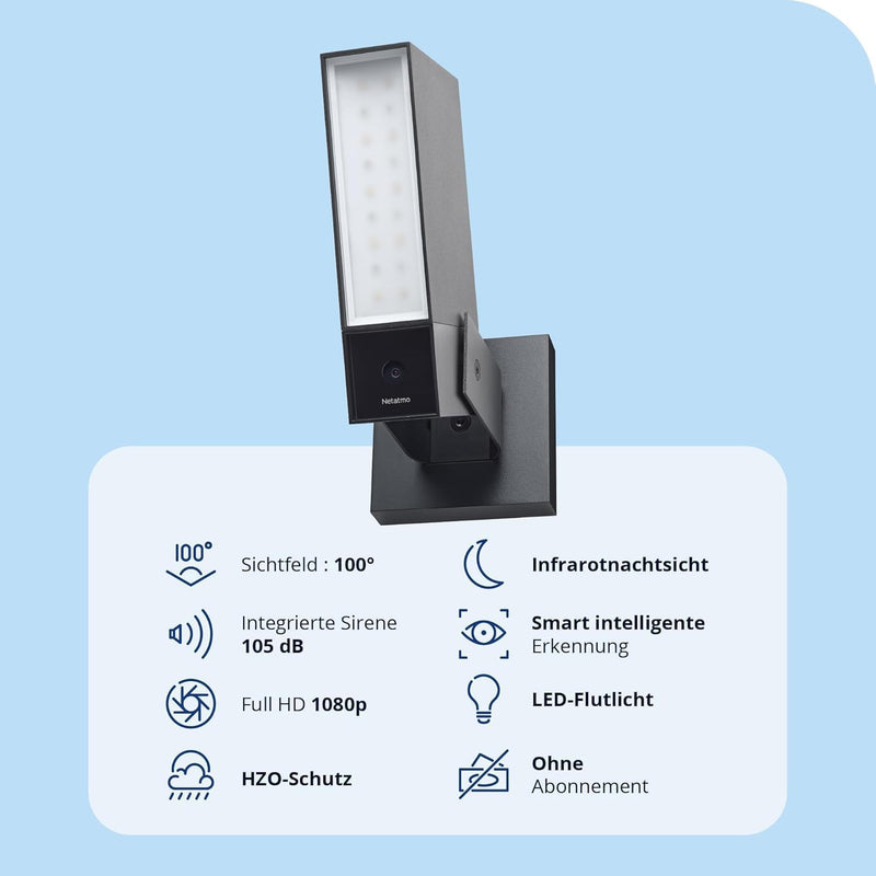 Netatmo AMZ Smarte Überwachungskamera für den Aussenbereich mit 105 dB-Sirene, WLAN, Integrierte Bel