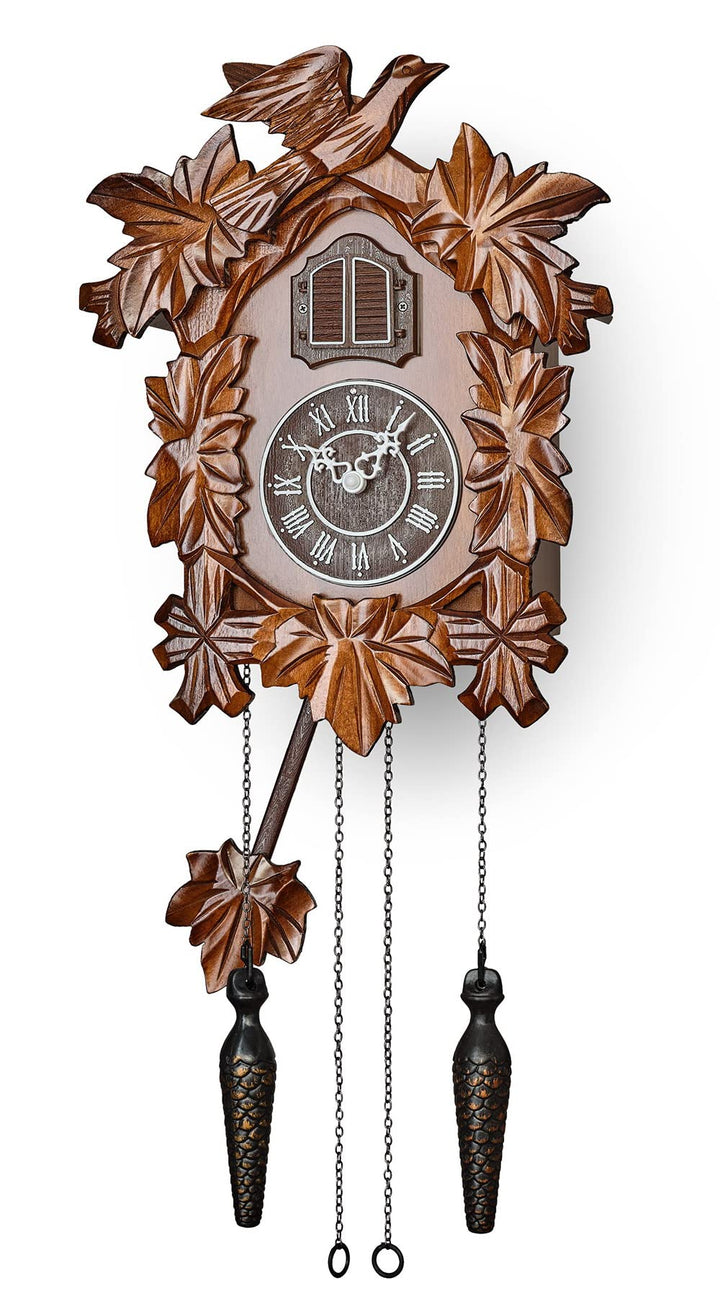TIMEGEAR Kuckucksuhr mit Nachtmodus, handgeschnitzte Dekorationen und schwingendes Pendel (braun), B