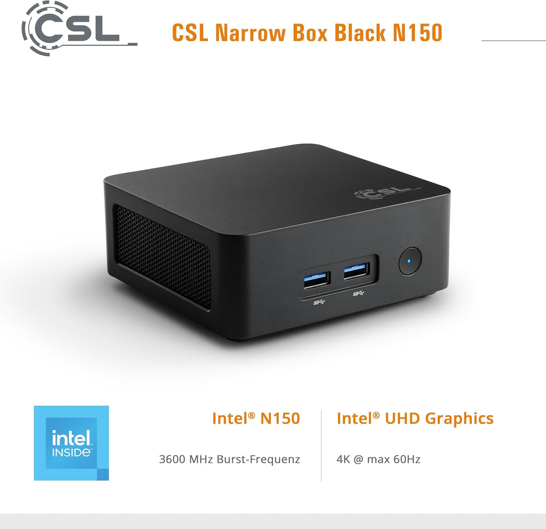 Mini PC CSL Narrow Box Black Windows 11 Home, Intel N150 4X 3600 MHz Turbotakt, 500 GB M.2 SSD, 32 G