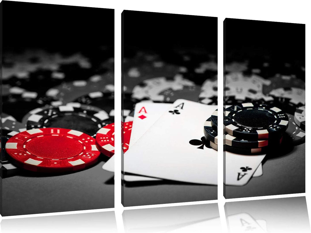 Spielkarten auf Pokertisch schwarz/weiss 3-Teiler Leinwandbild 120x80 Bild auf Leinwand, XXL riesige