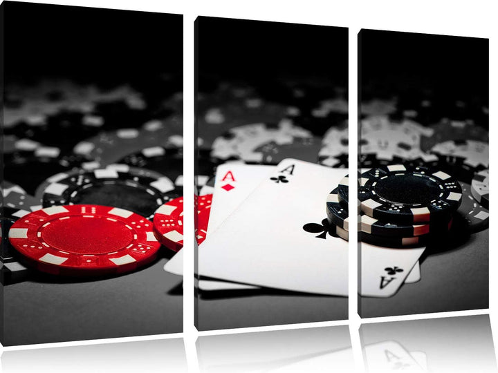 Spielkarten auf Pokertisch schwarz/weiss 3-Teiler Leinwandbild 120x80 Bild auf Leinwand, XXL riesige