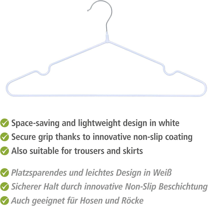 WENKO Kleiderbügel Mod. Sascha Weiss, 20er Set, Garderobenbügel mit Non-Slip Beschichtung, verchromt