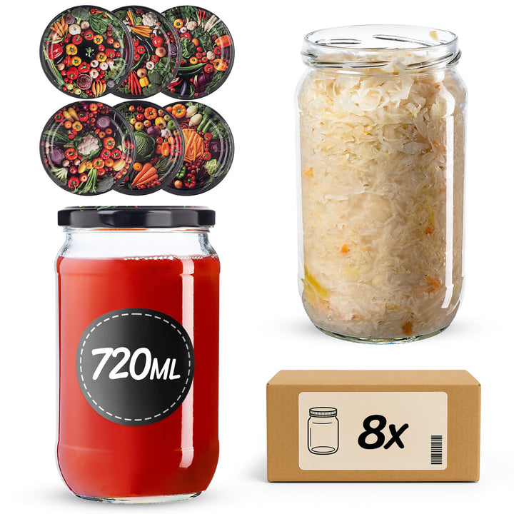 KADAX 8er Set Einmachgläser 720ml TO82, Grosse Sturzgläser mit Schraubdeckel, Einkochgläser Fermenti