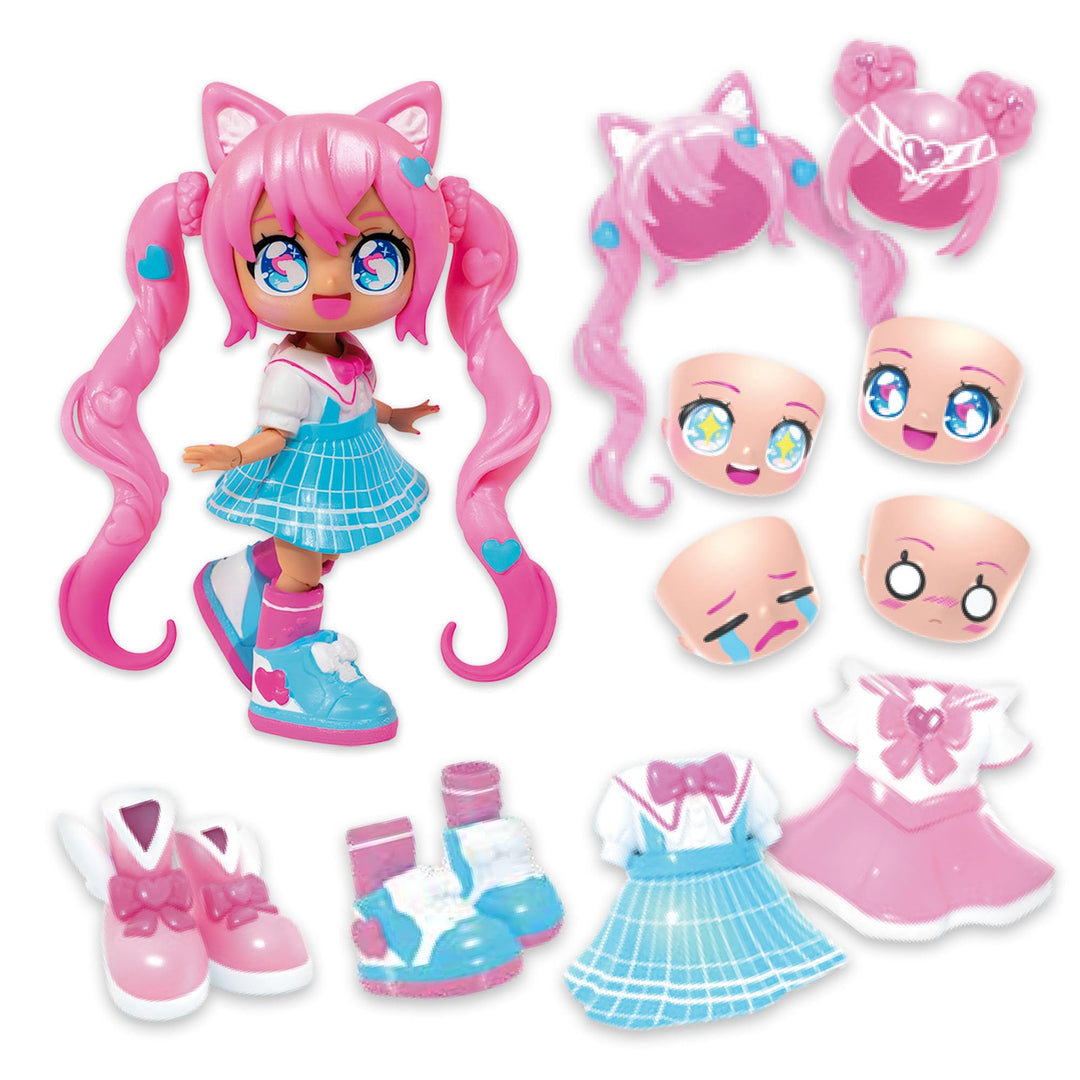 BANDAI - Animakii Zauberin und Schülerin - Set Personalisierbare Puppen - 1 Puppe, 4 Gesichter, 2 Fr