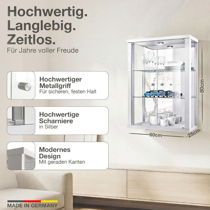 K-Möbel Hängevitrine in Weiss (80x60x25 cm) mit 2 höhenverstellbaren Glasböden, Spiegel & LED - Mode