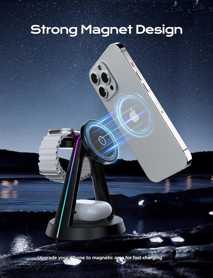 OneCut 3 in 1 Mag-Safe Kabellose Ladestation mit RGB-Licht, 15W Schnelles Magnetisches Induktives La