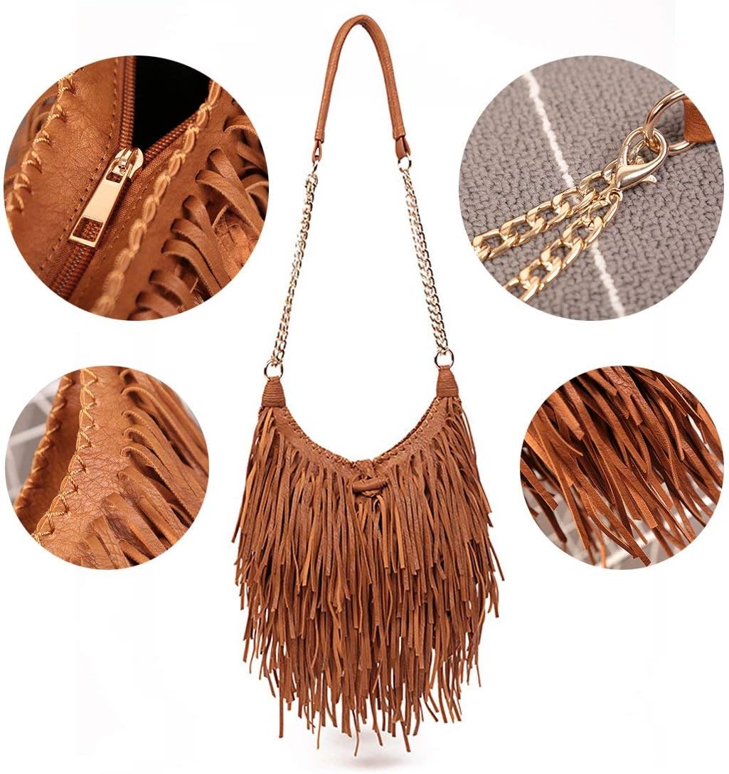 LUI SUI Damen handgefertigte Leder Franse Quaste Crossbody Hobo Schultertasche Umhängetaschen Braun,