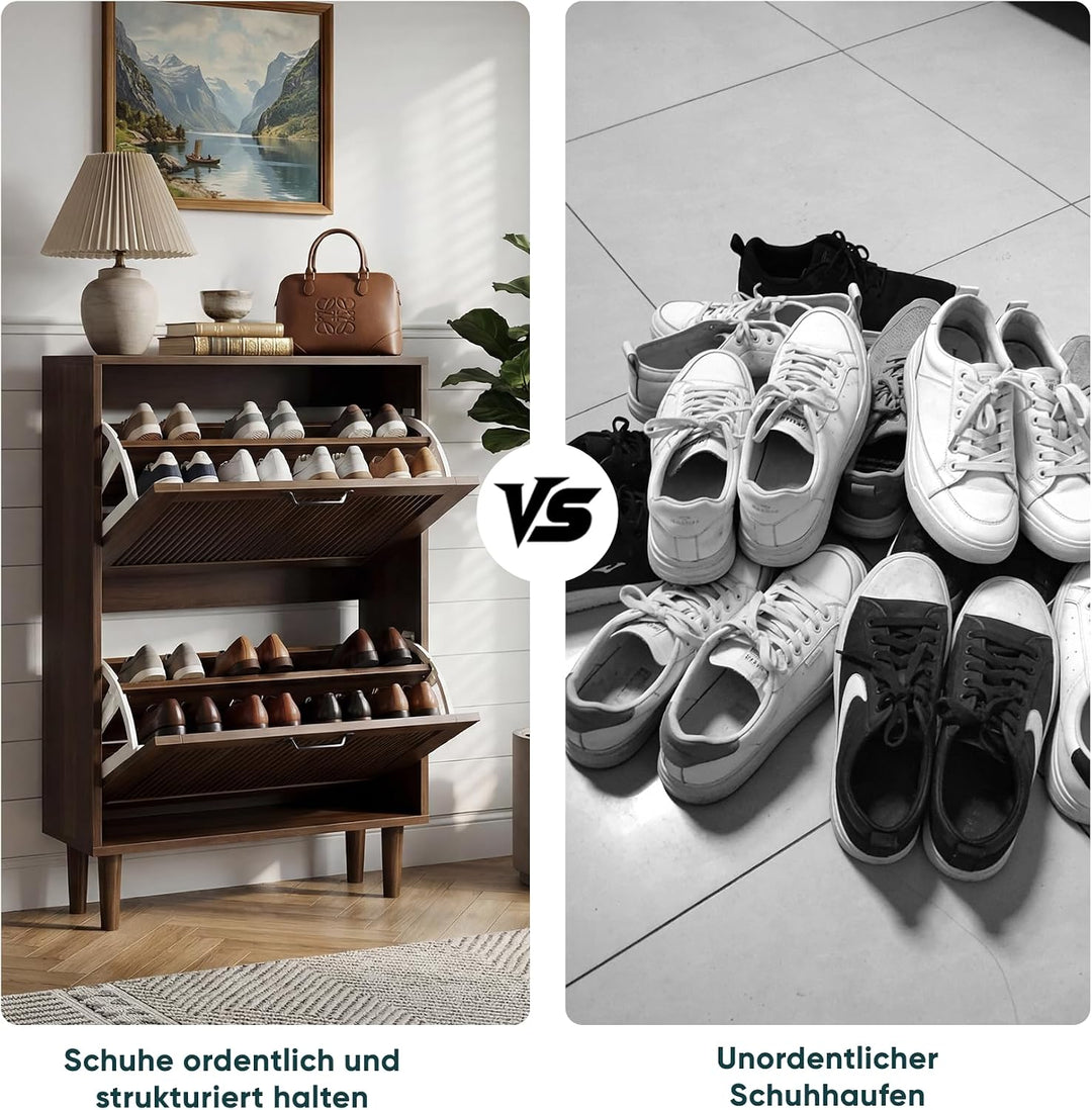 Semiocthome Zweilagiger Schuhschrank aus Holz mit Kipp-Mechanismus und Metallgriffen in Retro-Optik