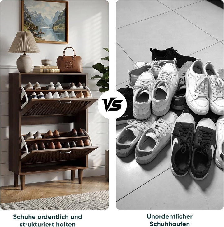 Semiocthome Zweilagiger Schuhschrank aus Holz mit Kipp-Mechanismus und Metallgriffen in Retro-Optik