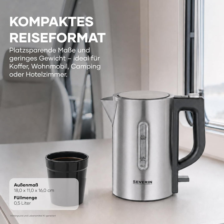 SEVERIN Reise-Wasserkocher-Set, Mini-Reisewasserkocher für 0,5 L, elektrischer Wasserkocher mit 2 Ku