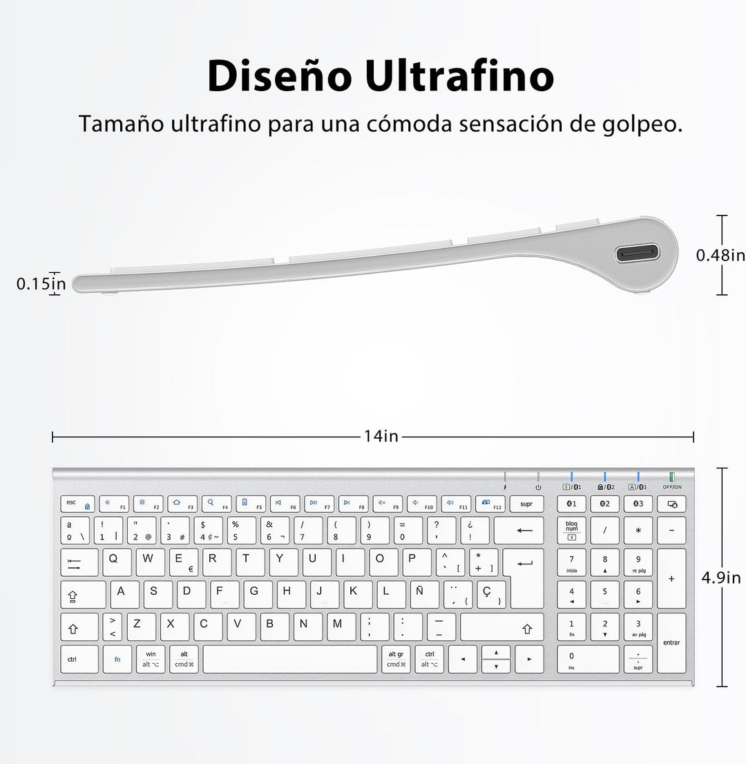 iClever Teclado Bluetooth BK10, Teclado Inalámbrico Multi Dispositivo Recargable Con Teclado Numéric