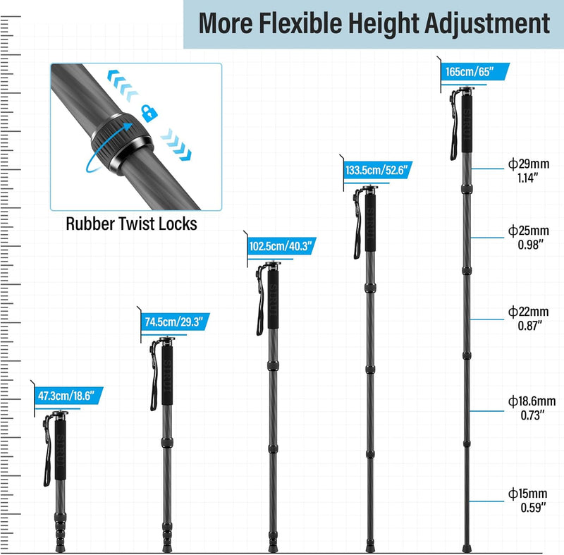 SIRUI Carbon Einbeinstativ für Kameras, 165cm kompaktes und leichtes monopod Reiseeinbeinstativ, 5 S