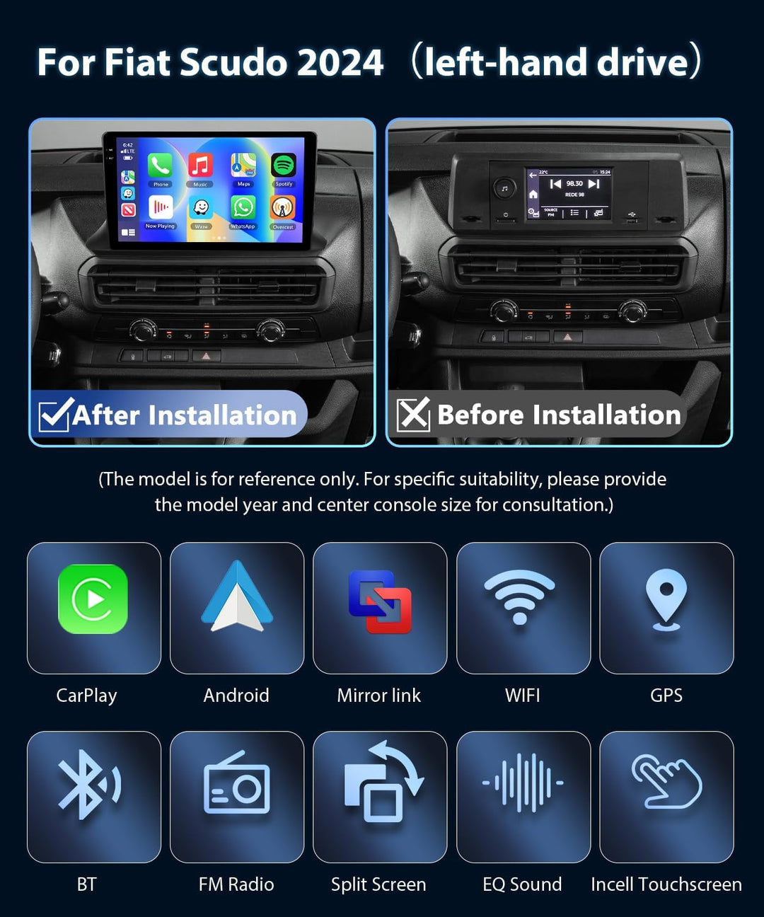 4GB+64GB Autoradio für FIAT Scudo 2024 mit Wireless Carplay/Android Auto, 10 Zoll Car Stereo mit GPS