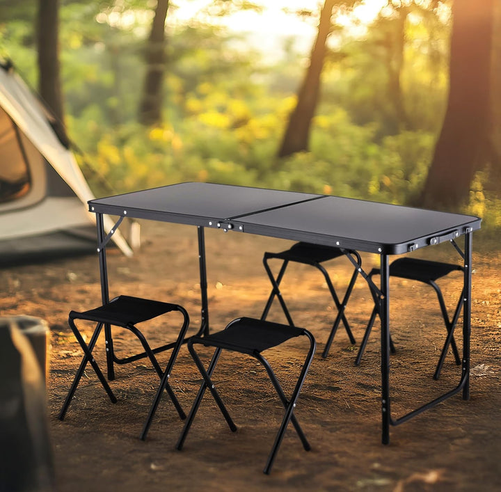 Campingtisch mit 4 stühlen, Verstellbare Höhe Tragbarer Klappbar Grilltisch 120 x 60 cm mit Tragegri