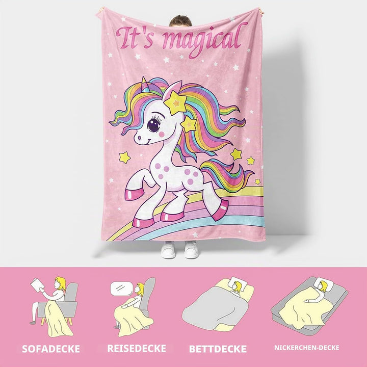 Einhorn Decke Kuscheldecke Flanell Kinder Rosa Kuscheldecke für Mädchen, Weiche Wohndecke Geburtstag