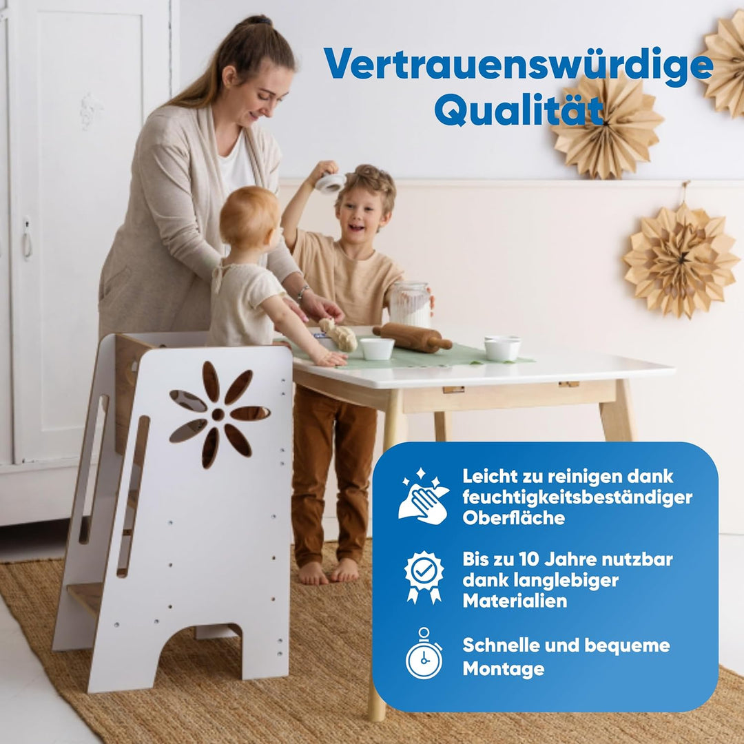 Kitchen Kids Helper Lernturm ab 1 Jahr - Höhenverstellbarer Lernturm Montessori Weiss und Eich 80cm