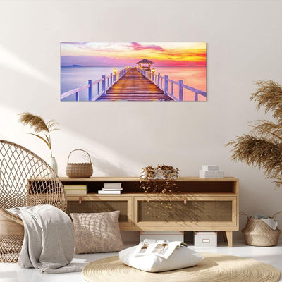 Wandbilder Dekoration Wohnzimmer Sonnenuntergang Wasser Brücke Horizont Bilder auf Leinwand 120x50cm