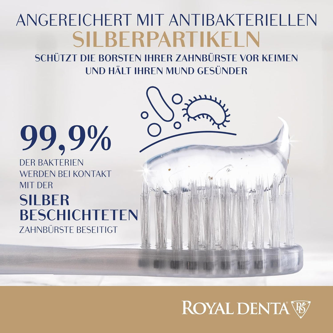 Royal Denta Silver Medium Zahnbürsten 4er-Pack - Doppellänge Borsten für Interdentalreinigung, Silbe