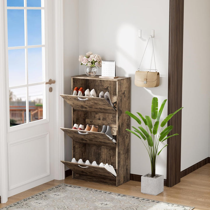 Garvis Schuhschrank 3 Klappen (Einzelreihe) – EXTREM SCHMAL (22 cm Tiefe) – 60x105 cm – MDF Rustikal