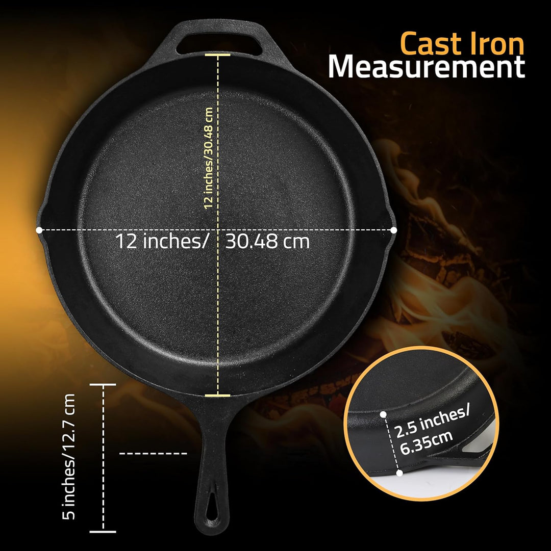 KICHLY Vorgewürzt Gusseisen Skillet 12 Zoll, Safe Grill Kochgeschirr für den Innen- und Aussenbereic