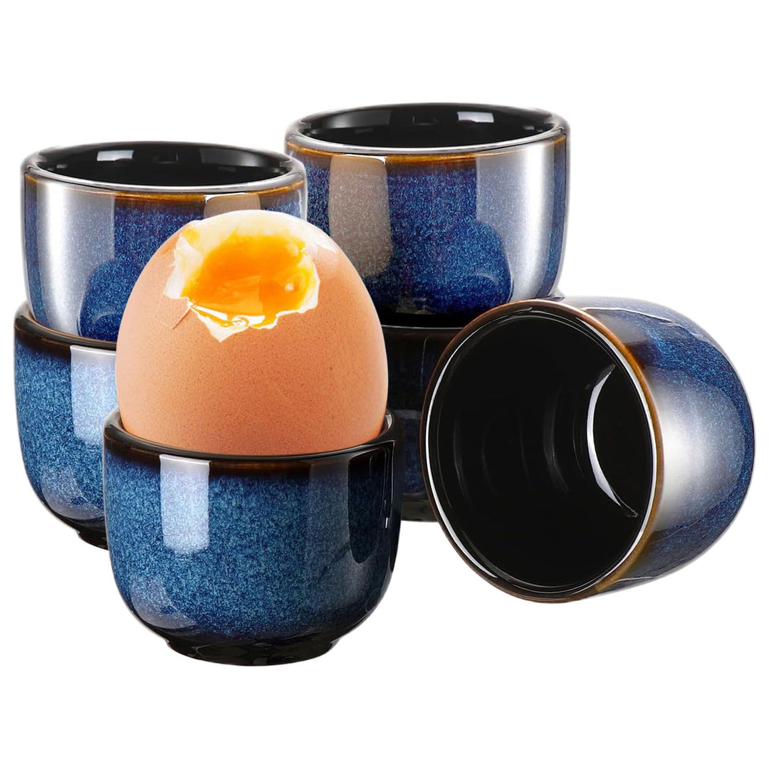 6er Set Eierbecher Keramik, Eierbecher Porzellan Vintage Blau, Hochwertige Keramik mit Glänzender Ob