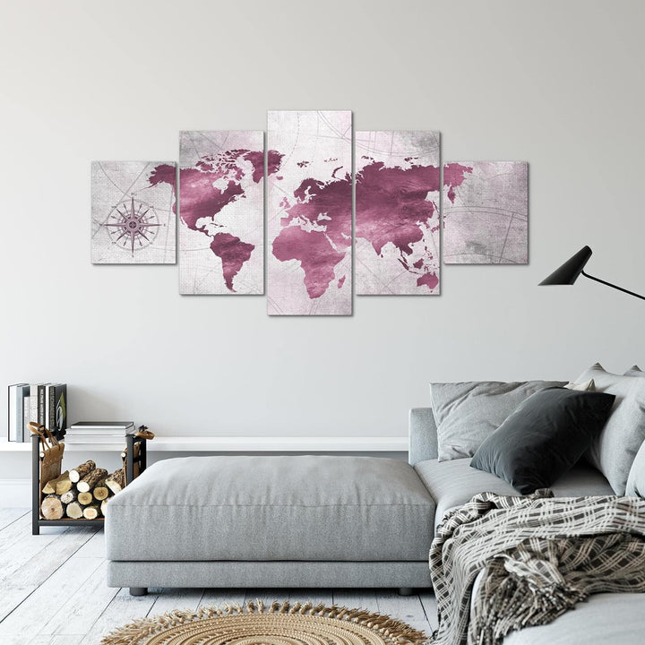 Runa Art - Bilder Weltkarte 200 x 100 cm 5 Teilig XXL Wanddekoration Design Pink 026051b 200 x 100 c